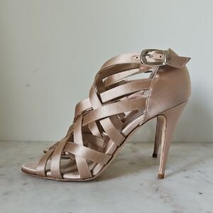 MANOLO BLAHNIK: Glam Nude Braided Satin Strap Heels